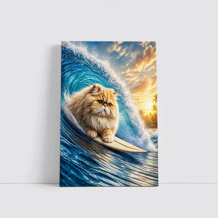 Persian Cat Surfing Giant Ocean Wave