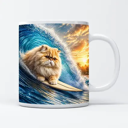 Persian Cat Surfing Giant Ocean Wave