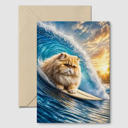 Persian Cat Surfing Giant Ocean Wave