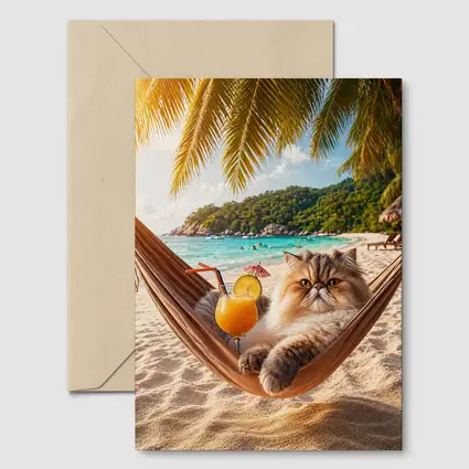 Persian Cat Relaxing Beach Hammock Tropical Cocktail