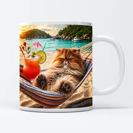 Persian Cat Relaxing Beach Hammock Tropical Cocktail