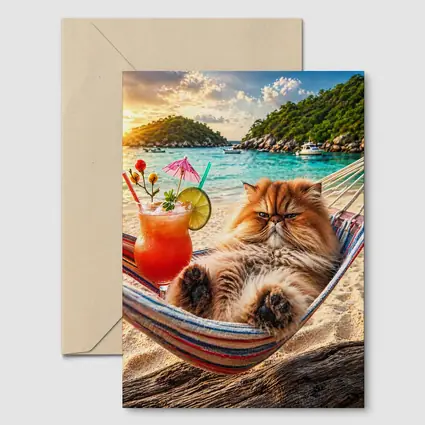 Persian Cat Relaxing Beach Hammock Tropical Cocktail