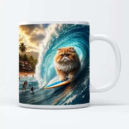 Persian Cat Surfing Giant Ocean Wave