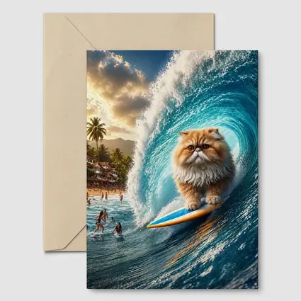 Persian Cat Surfing Giant Ocean Wave