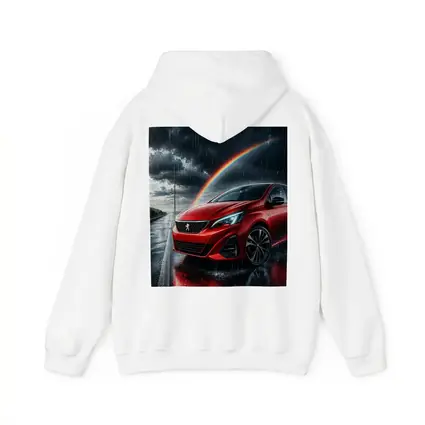 Peugeot Red Car Rainy Road Rainbow Sky