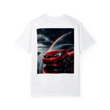 Peugeot Red Car Rainy Road Rainbow Sky