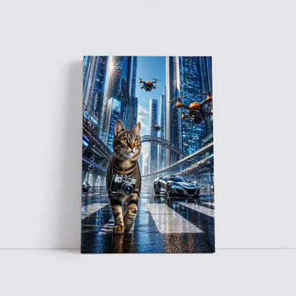 Tabby Cat Photographer Futuristic City Drones