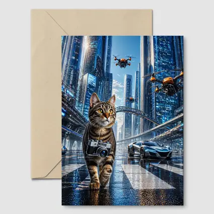 Tabby Cat Photographer Futuristic City Drones