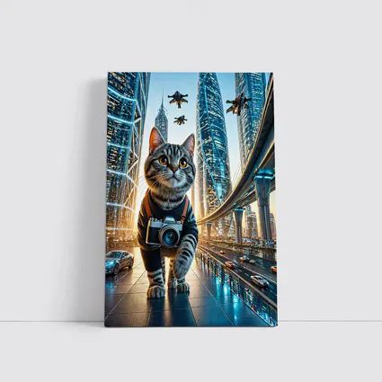 Tabby Cat Photographer Futuristic City Skyline