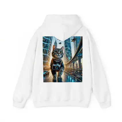 Tabby Cat Photographer Futuristic City Skyline