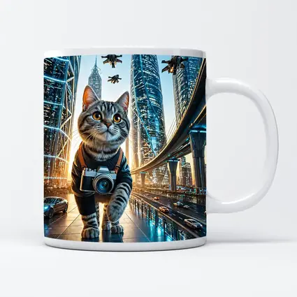 Tabby Cat Photographer Futuristic City Skyline