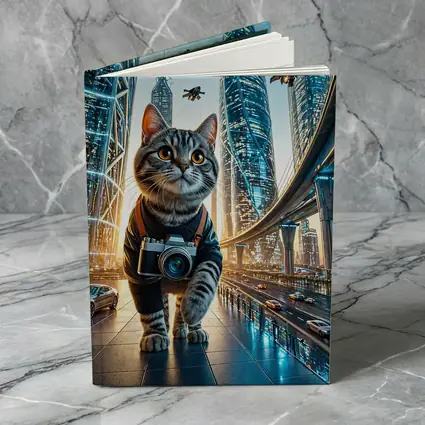 Tabby Cat Photographer Futuristic City Skyline