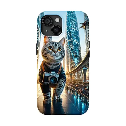 Tabby Cat Photographer Futuristic City Skyline