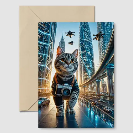 Tabby Cat Photographer Futuristic City Skyline