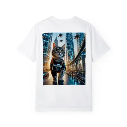 Tabby Cat Photographer Futuristic City Skyline