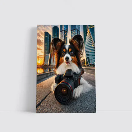 Papillon Dog With Camera City Skyline