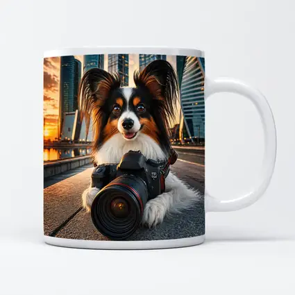 Papillon Dog With Camera City Skyline