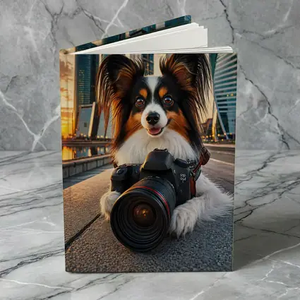 Papillon Dog With Camera City Skyline