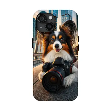 Papillon Dog With Camera City Skyline