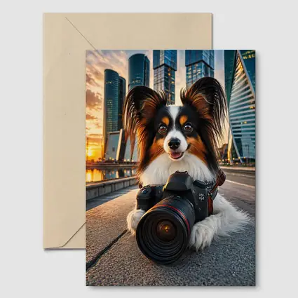 Papillon Dog With Camera City Skyline