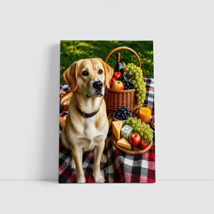 Labrador Retriever Picnic Plaid Blanket Cheese Fruit