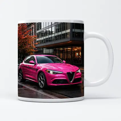 Pink Alfa Romeo Stelvio Rainy City Street