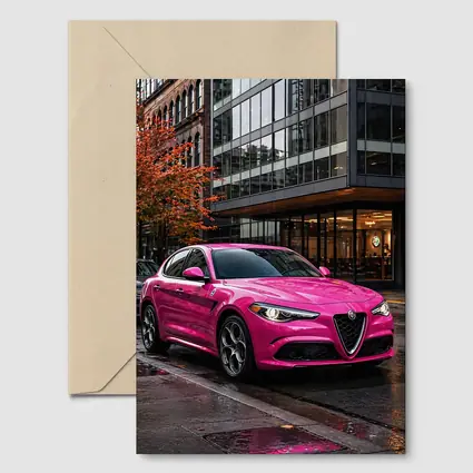Pink Alfa Romeo Stelvio Rainy City Street