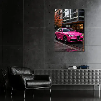Pink Alfa Romeo Stelvio Rainy City Street