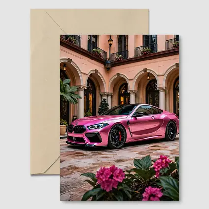 Pink BMW M8 Parked Outside Luxury Mansion