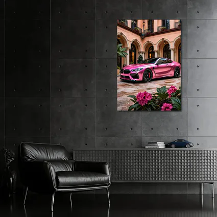 Pink BMW M8 Parked Outside Luxury Mansion