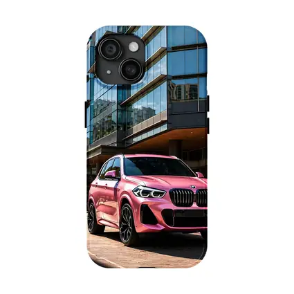 Pink BMW X5 Parked Outside Glass Building