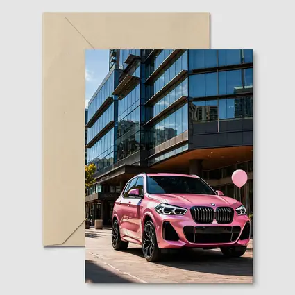 Pink BMW X5 Parked Outside Glass Building