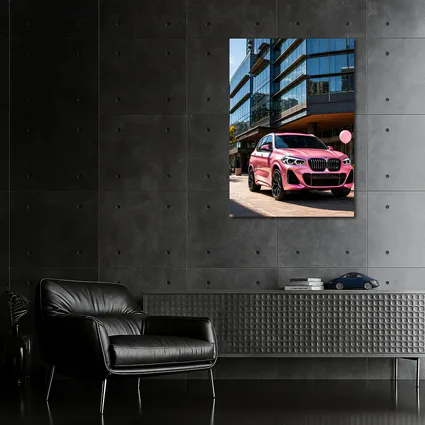 Pink BMW X5 Parked Outside Glass Building