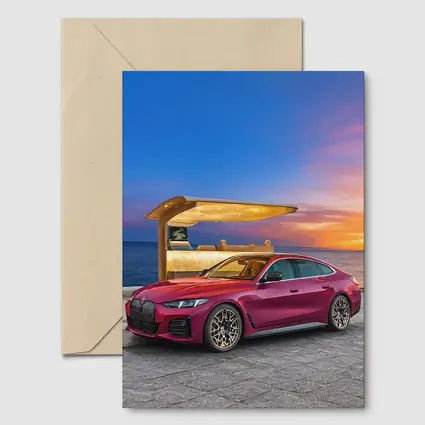 BMW i4 M50 Red Sunset Coastal Scene