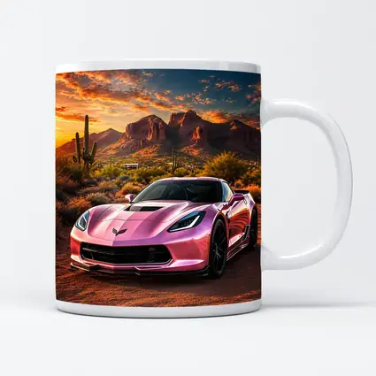 Pink Chevrolet Corvette Desert Sunset Scene