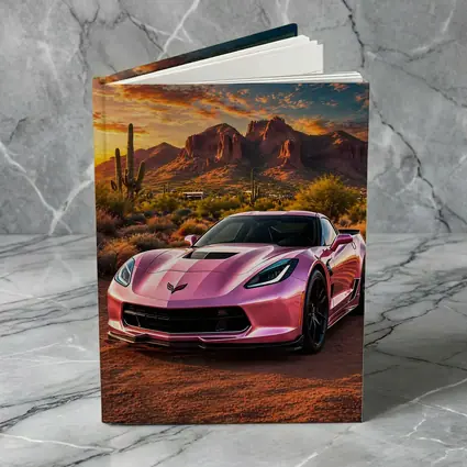 Pink Chevrolet Corvette Desert Sunset Scene