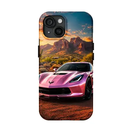 Pink Chevrolet Corvette Desert Sunset Scene