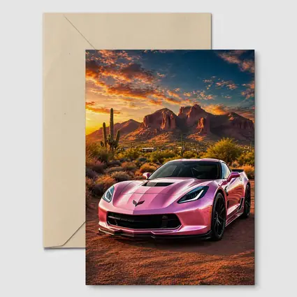 Pink Chevrolet Corvette Desert Sunset Scene