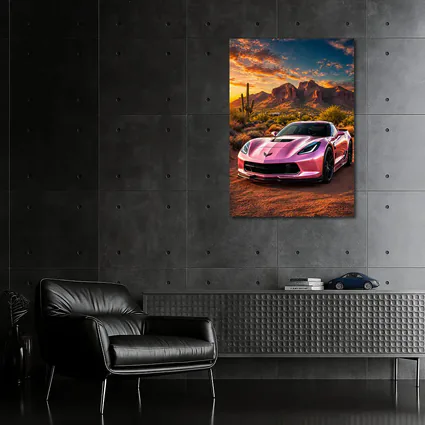 Pink Chevrolet Corvette Desert Sunset Scene