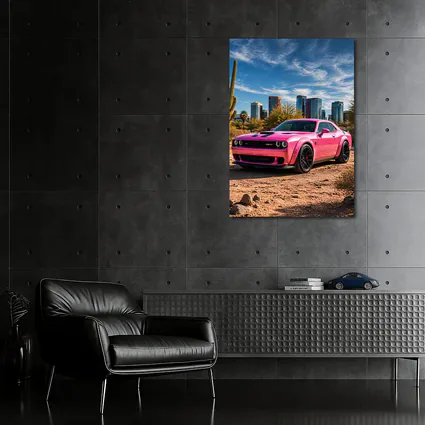 Pink Dodge Challenger SRT Desert City Skyline