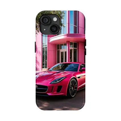 Pink Jaguar F-Type Outside Modern Building