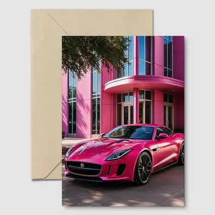 Pink Jaguar F-Type Outside Modern Building