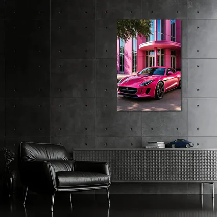 Pink Jaguar F-Type Outside Modern Building