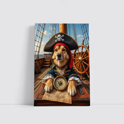 Golden Retriever Pirate Captain on Ship Deck