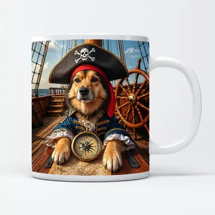 Golden Retriever Pirate Captain on Ship Deck