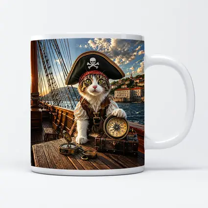 Pirate Cat With Compass On Ship