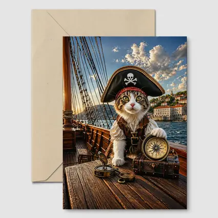 Pirate Cat With Compass On Ship