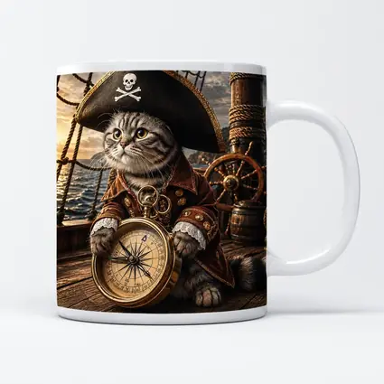 Scottish Fold Pirate Cat Holding Compass Ship