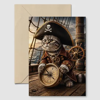 Scottish Fold Pirate Cat Holding Compass Ship
