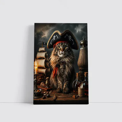 Pirate Maine Coon Cat Ship Dark Background